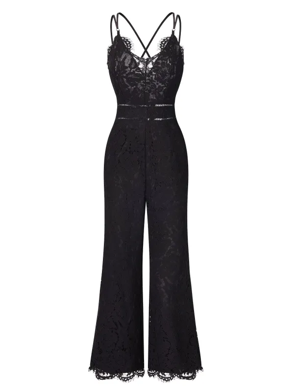 Black 1970s Lace V-Neck Spaghetti Straps Jumpsuit sold by Retro Stage