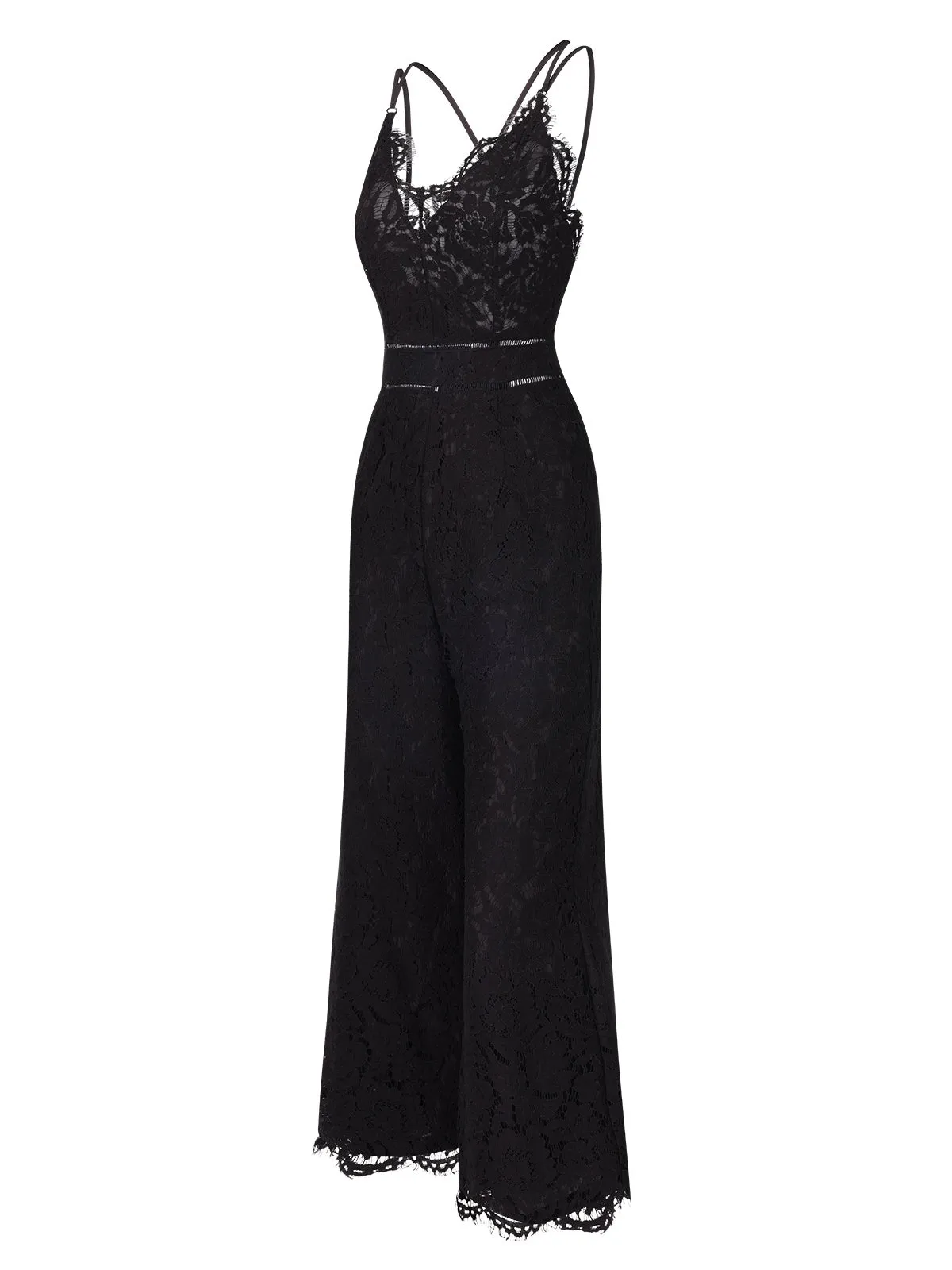 Black 1970s Lace V-Neck Spaghetti Straps Jumpsuit sold by Retro Stage product image thumbnail 3