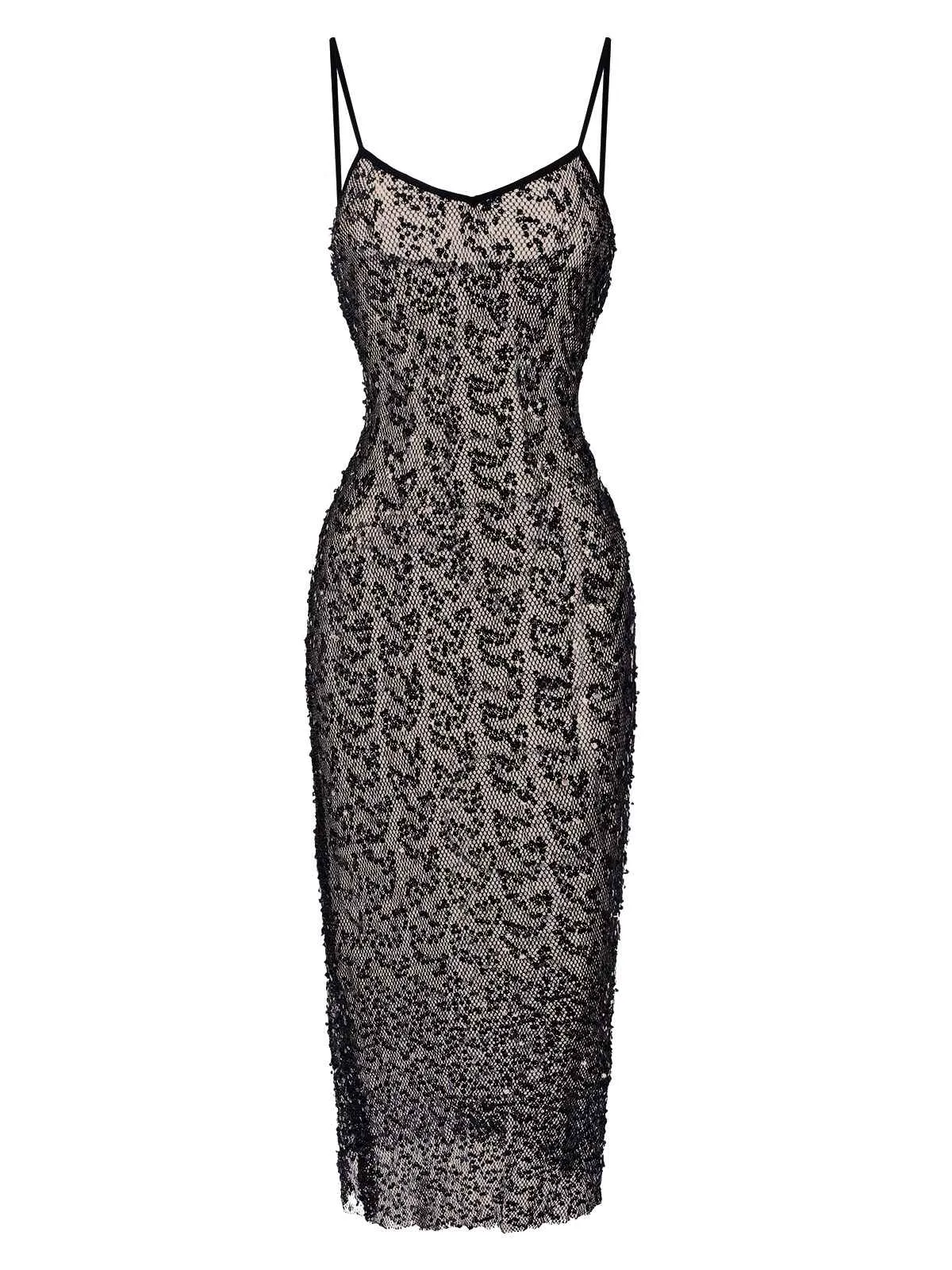 Black 1960s Sequined Spaghetti Straps Dress sold by Retro Stage