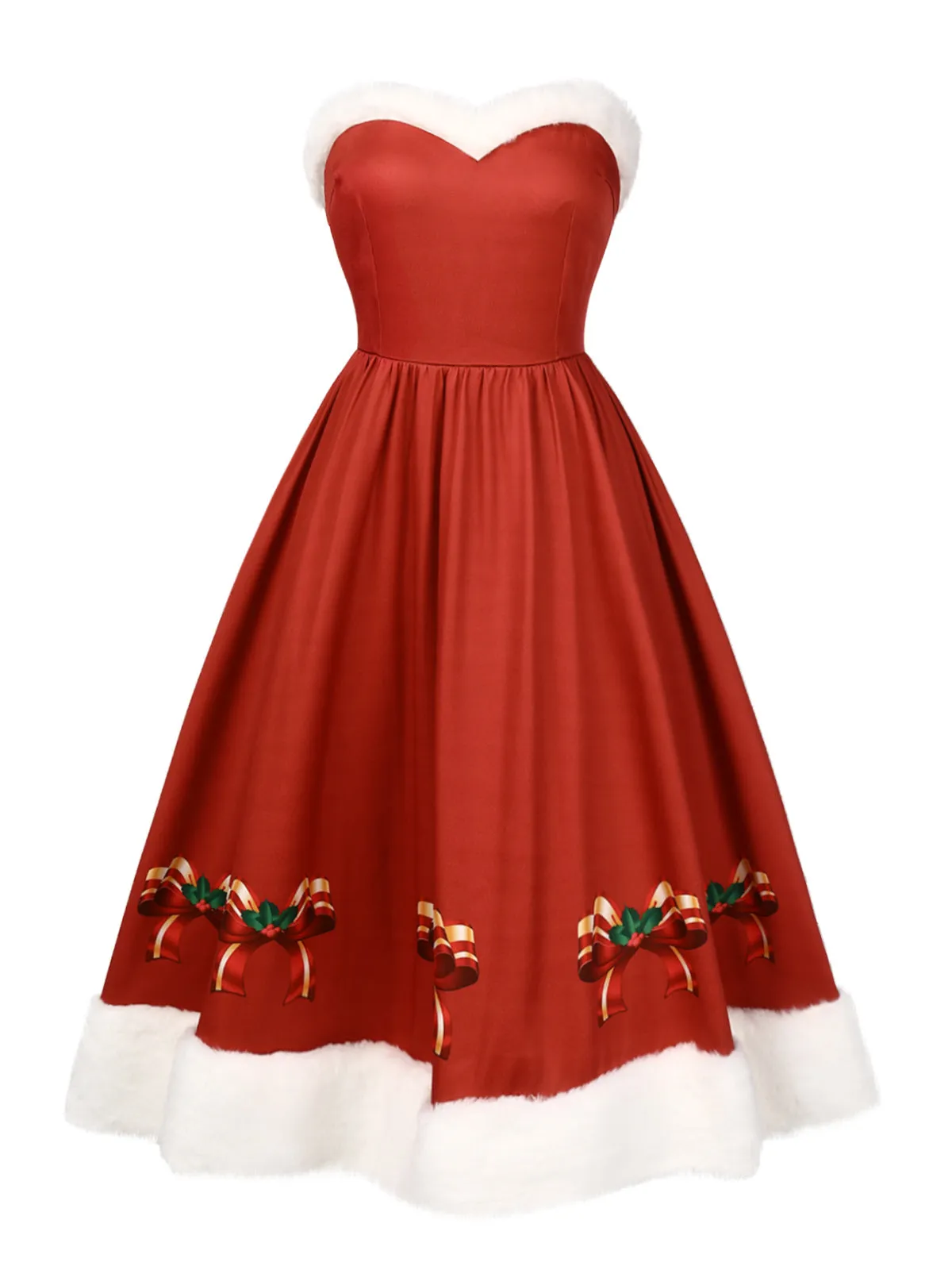 Red 1950s Christmas Strapless Bow Fur Trim Dress sold by Retro Stage product image thumbnail 2