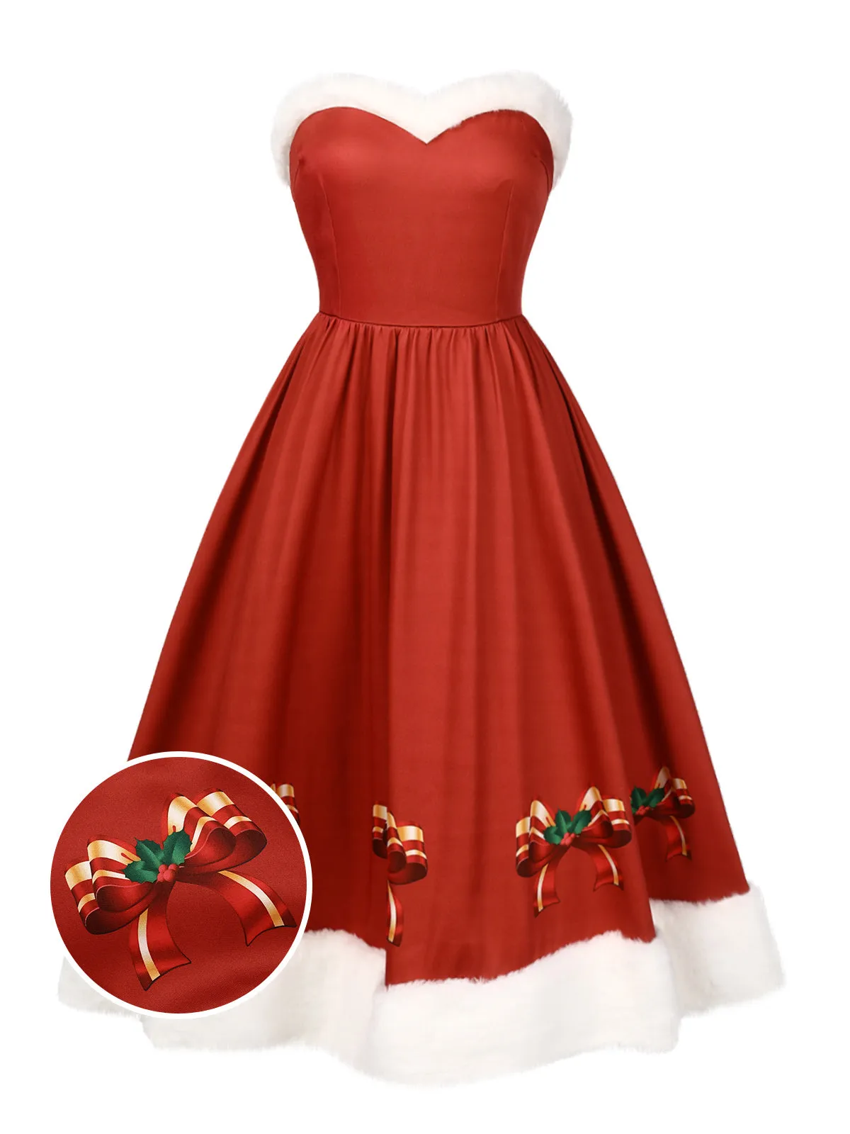 Red 1950s Christmas Strapless Bow Fur Trim Dress sold by Retro Stage