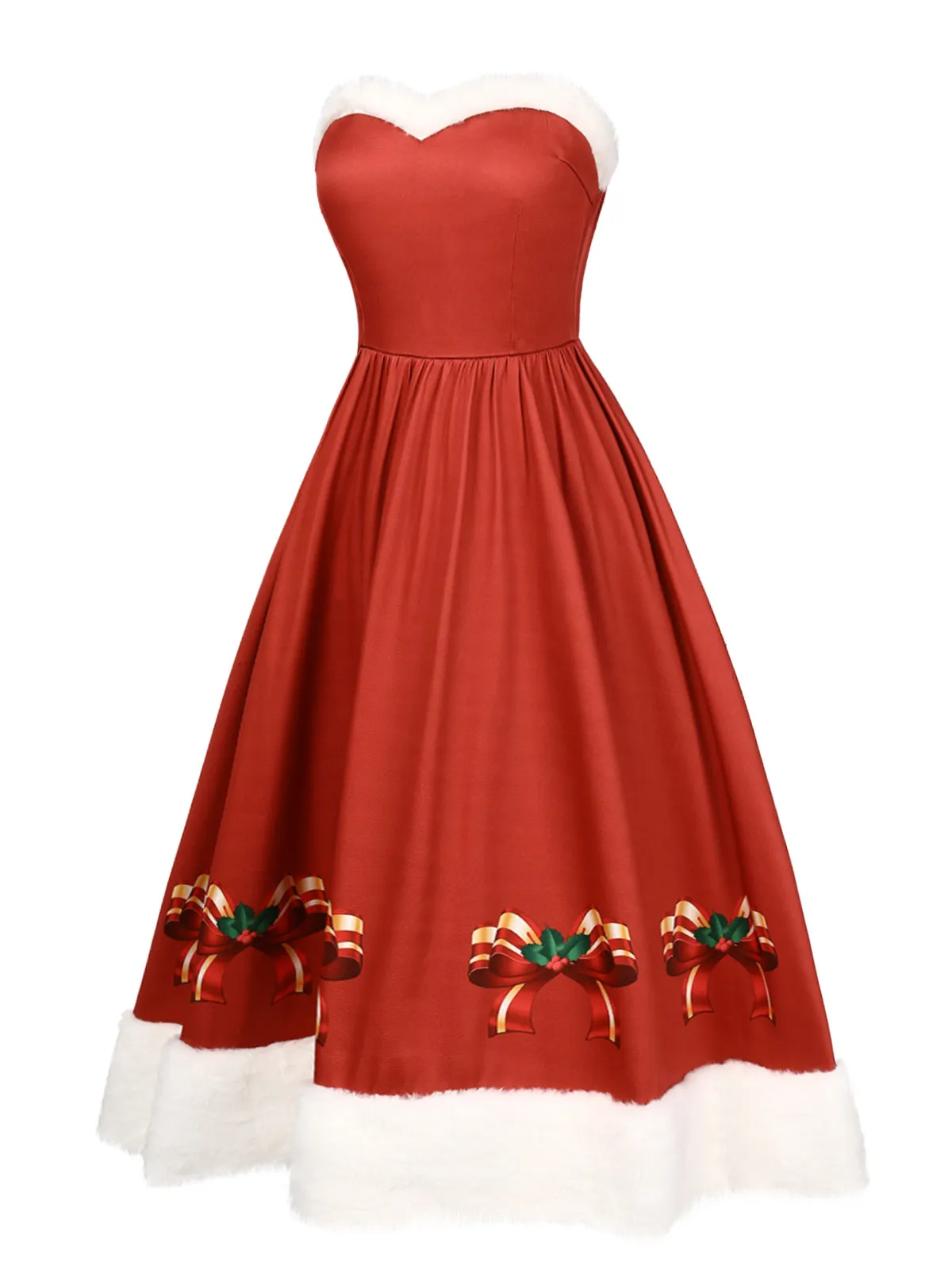 Red 1950s Christmas Strapless Bow Fur Trim Dress sold by Retro Stage product image thumbnail 3