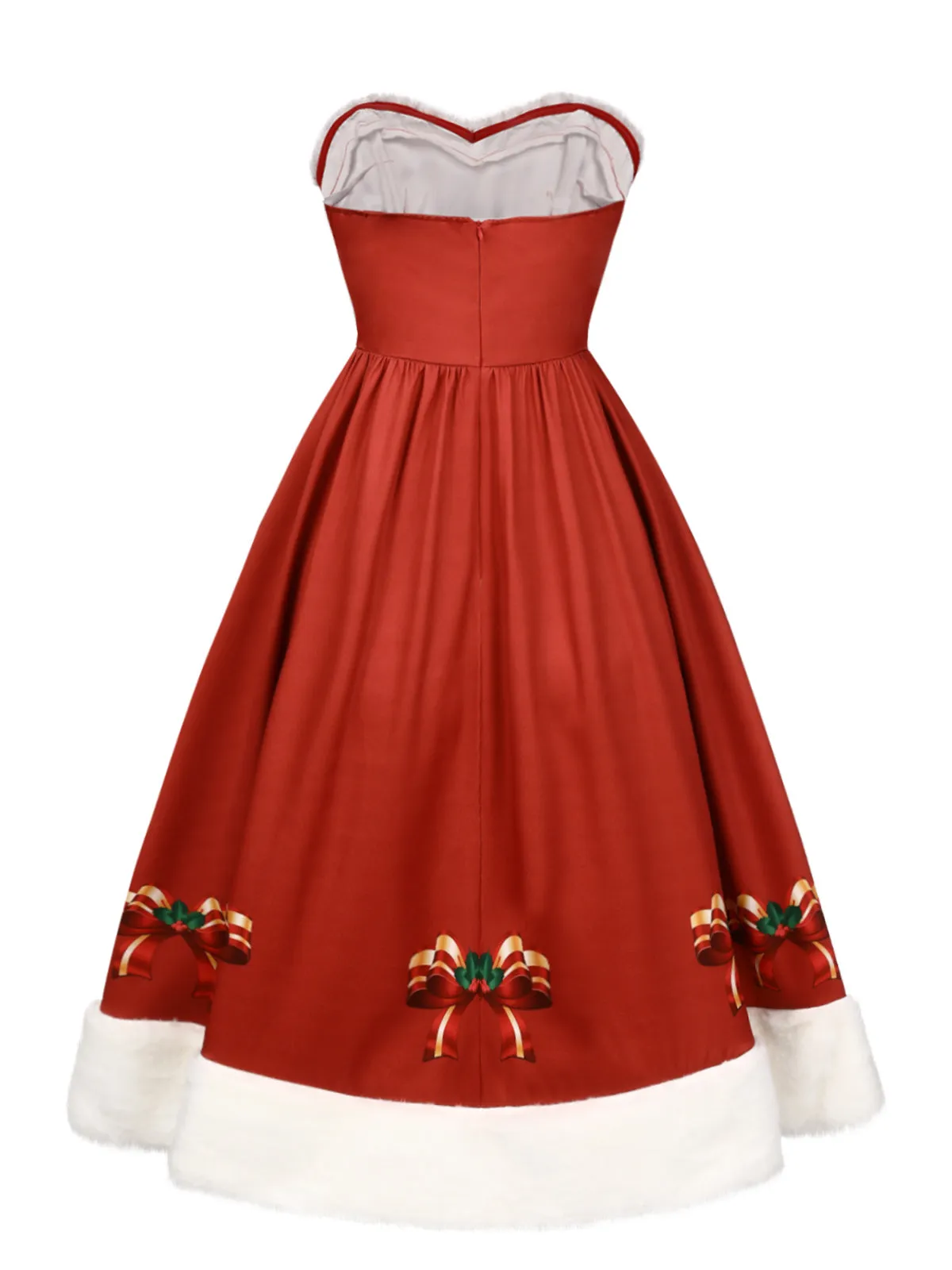 Red 1950s Christmas Strapless Bow Fur Trim Dress sold by Retro Stage product image thumbnail 4