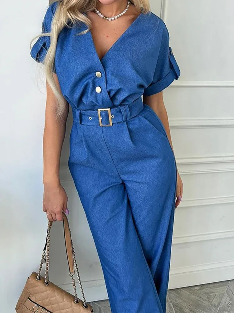 Blue 1970s V-Neck Solid Jumpsuit sold by Retro Stage product image thumbnail 2