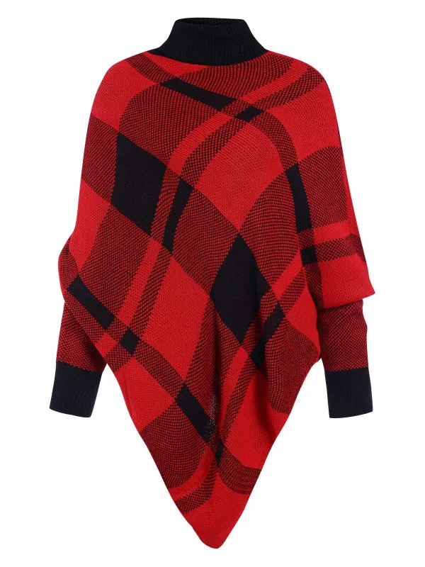 1950s Mock Neck Plaid Knit Poncho Sweater sold by Retro Stage