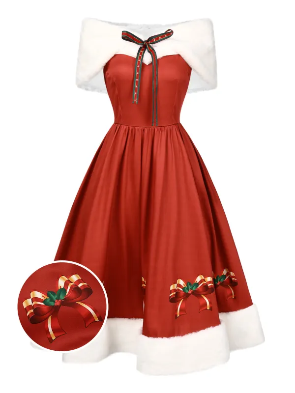 2PCS Christmas 1950s Strapless Bow Fur Dress & Shawl sold by Retro Stage