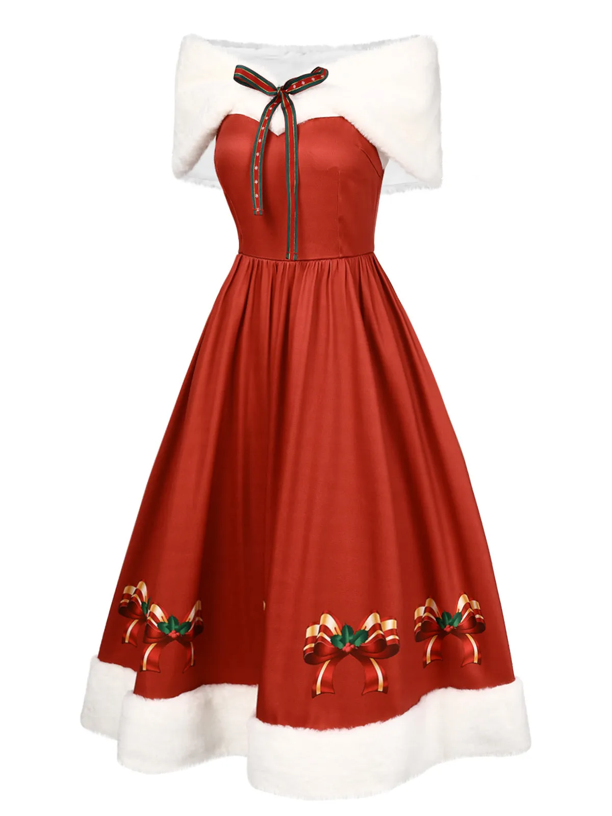 2PCS Christmas 1950s Strapless Bow Fur Dress & Shawl sold by Retro Stage product image thumbnail 3