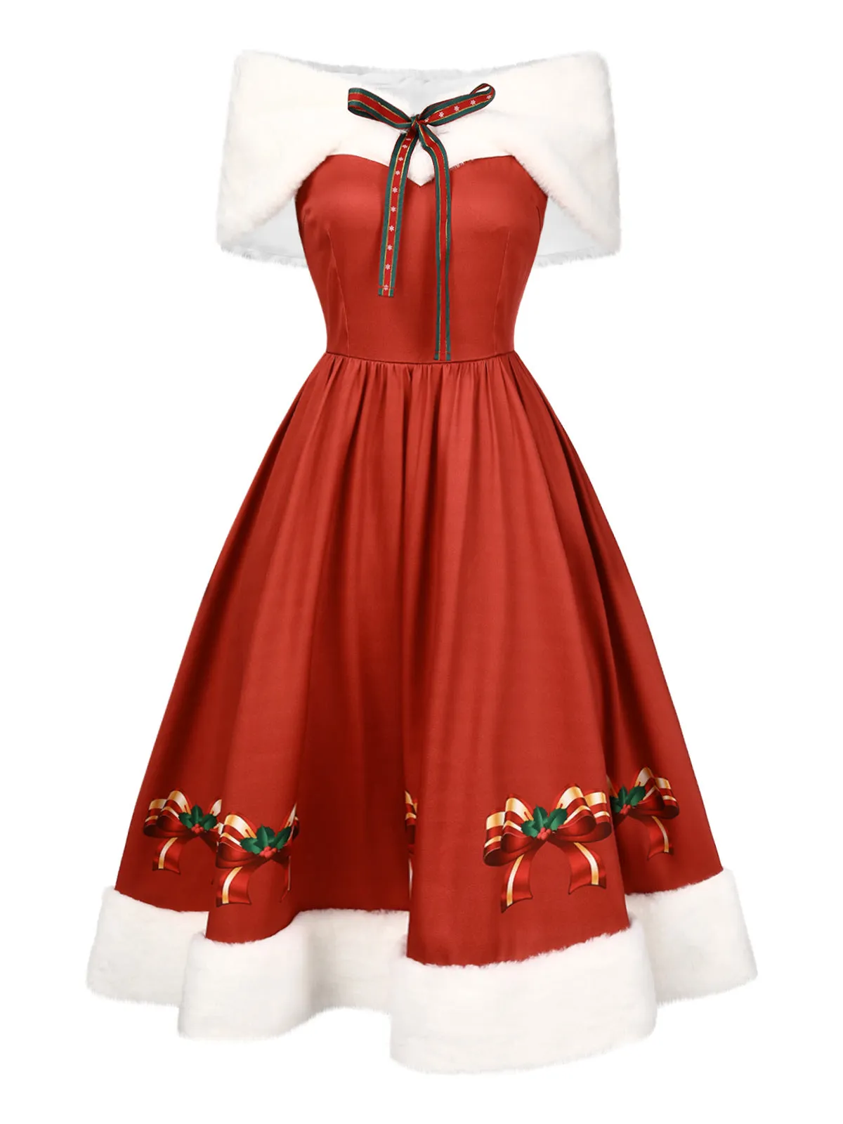 2PCS Christmas 1950s Strapless Bow Fur Dress & Shawl sold by Retro Stage product image thumbnail 2