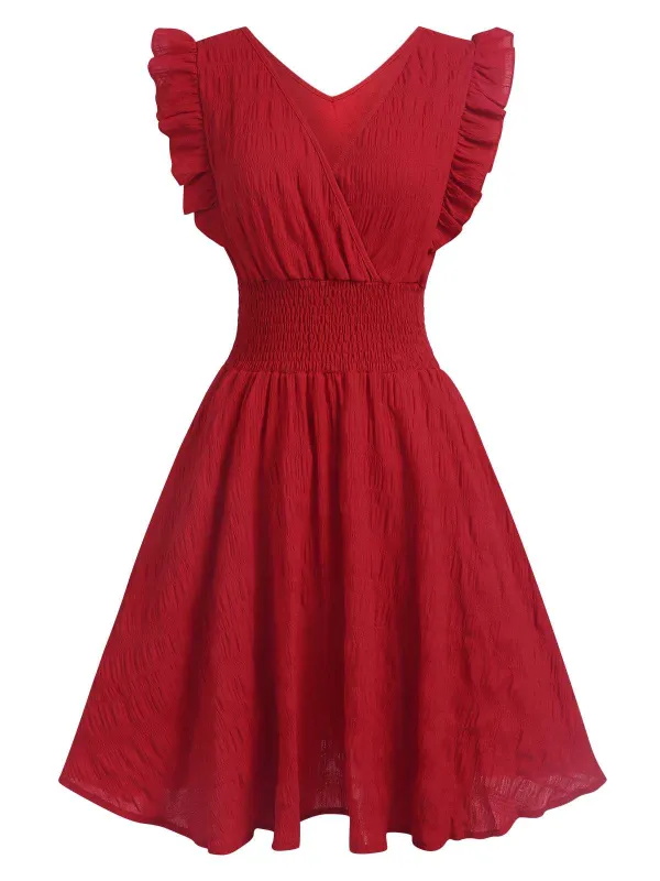 1950s V-Neck Smocked Waist Ruffles Sleeveless Dress sold by Retro Stage
