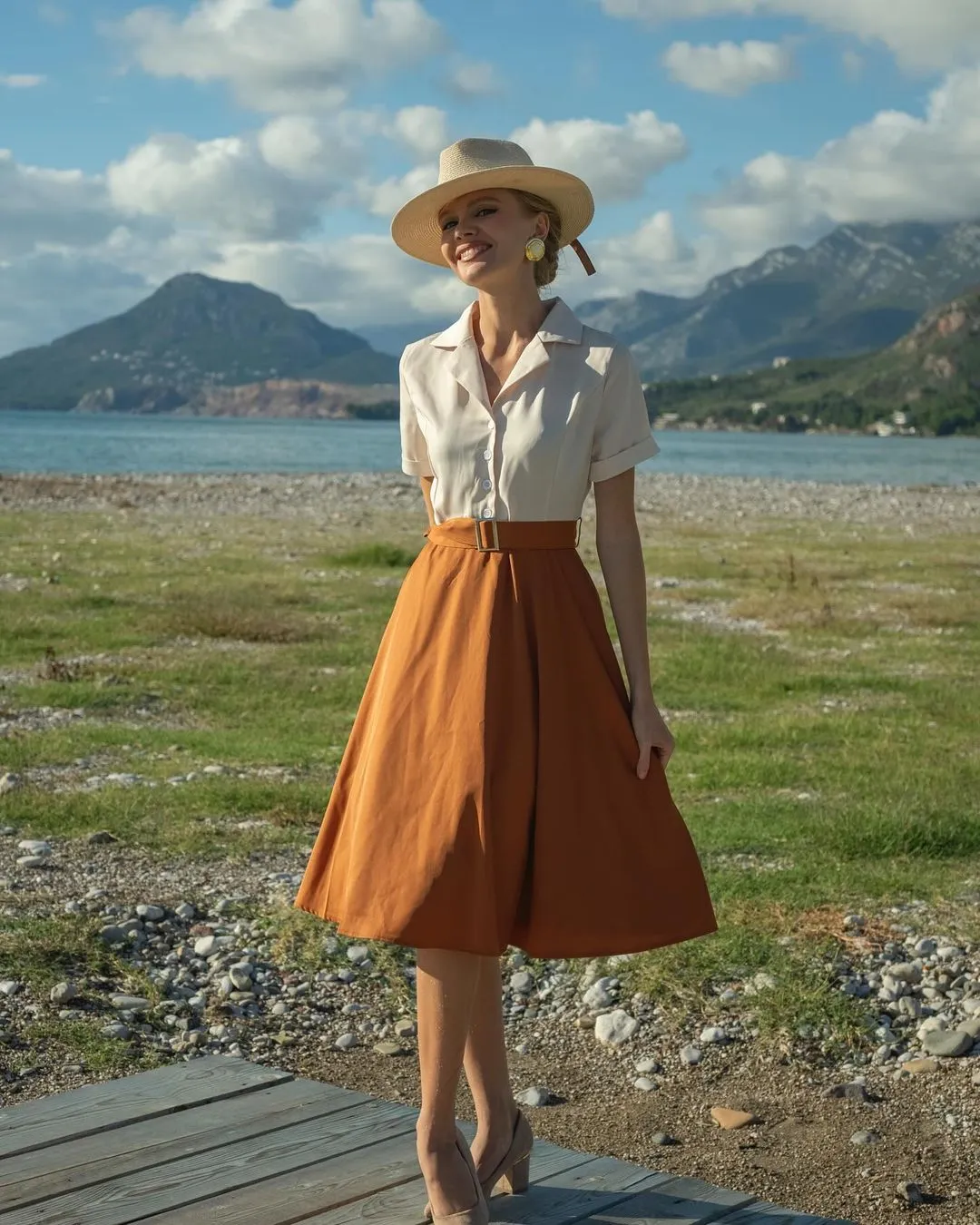 Khaki 1950s Snow White Style Button Dress sold by Retro Stage