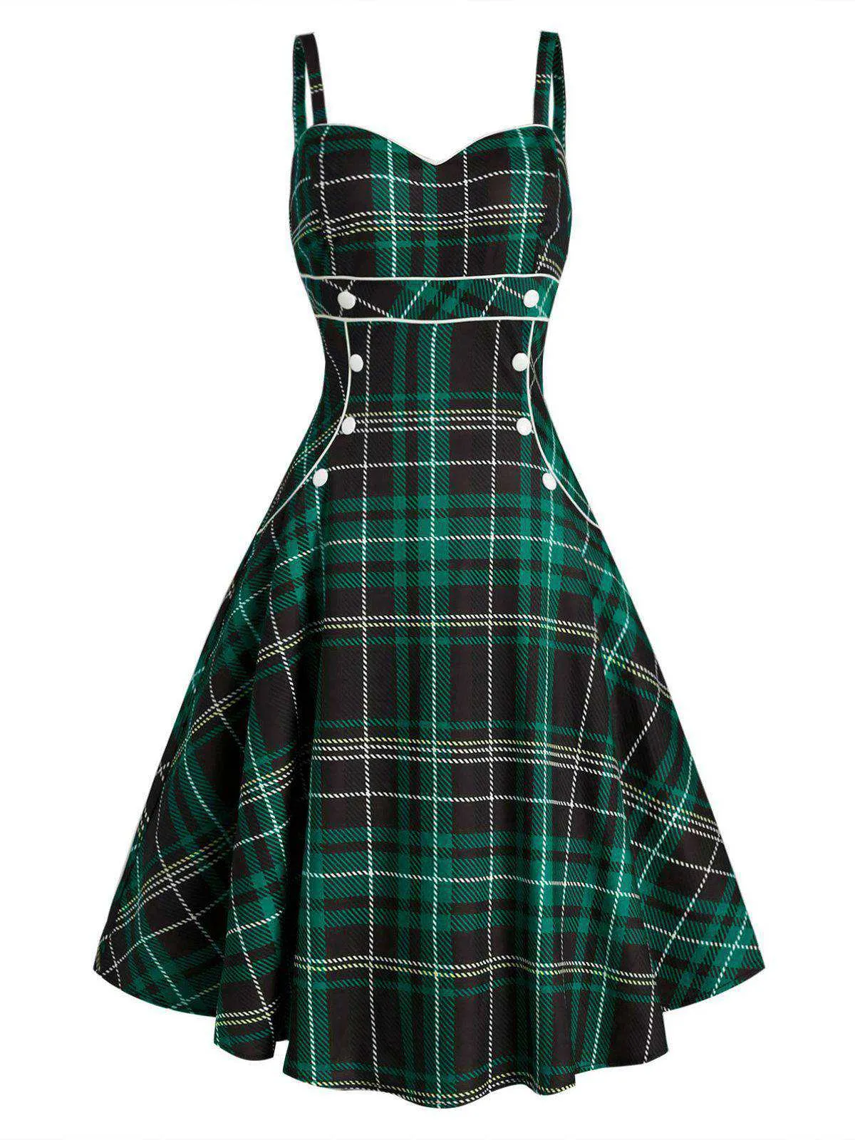 1950s Plaid Button Strap Swing Dress sold by Retro Stage