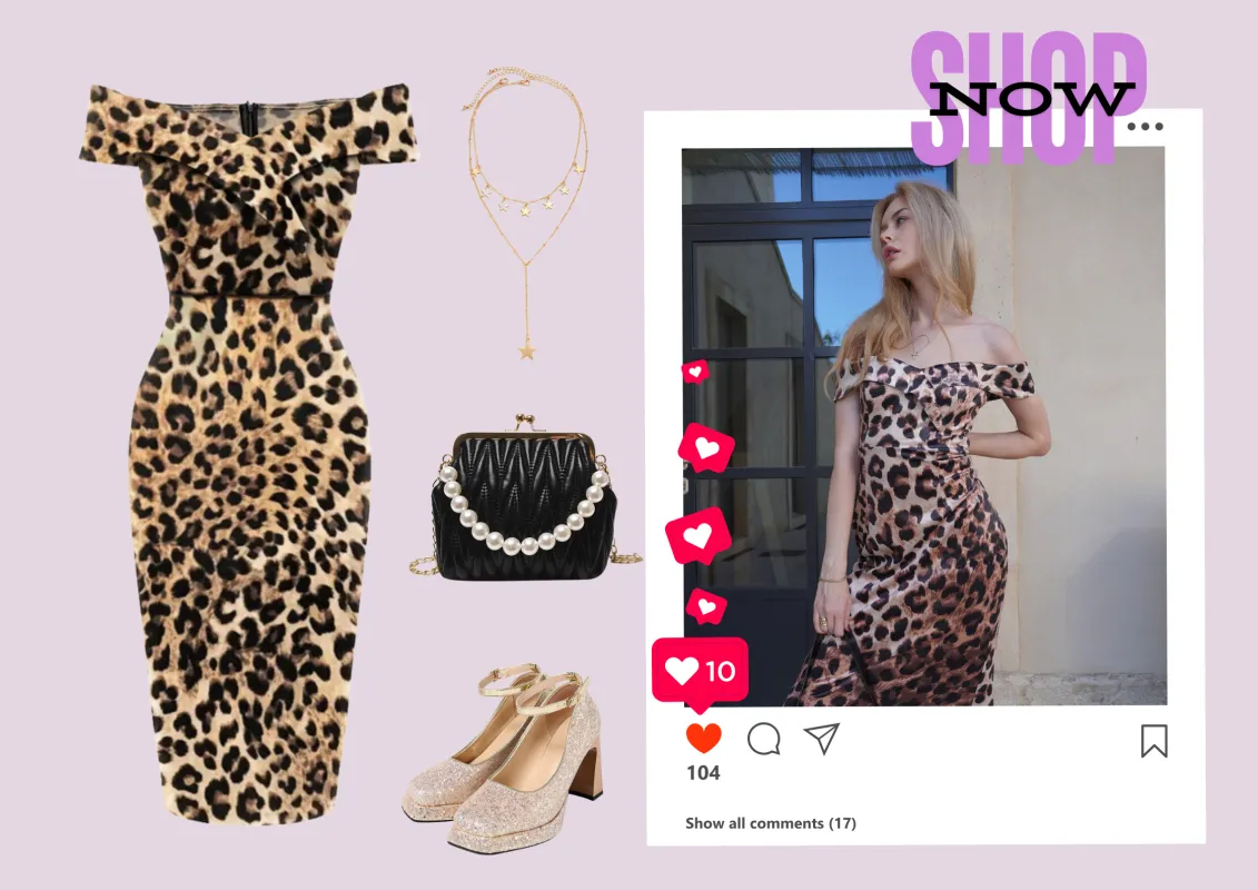1960s Off-shoulder Leopard Pencil Dress sold by Retro Stage