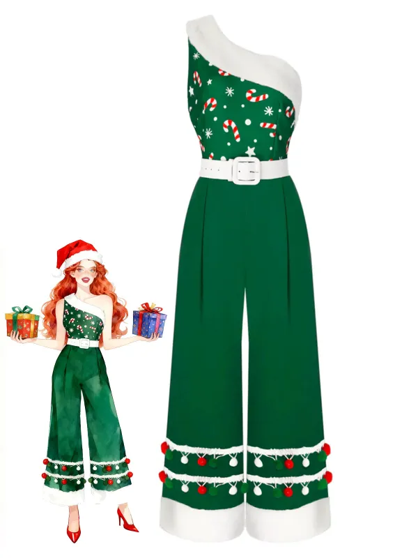 Green 1950s Christmas One Shoulder Fur Ball Belted Jumpsuit sold by Retro Stage