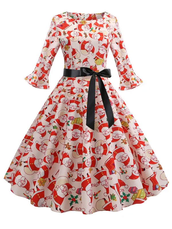 1950s Christmas Flare Sleeve Belted Dress sold by Retro Stage