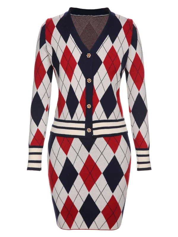 2PCS 1960s V-Neck Plaids Knitted Cardigan & Skirt sold by Retro Stage