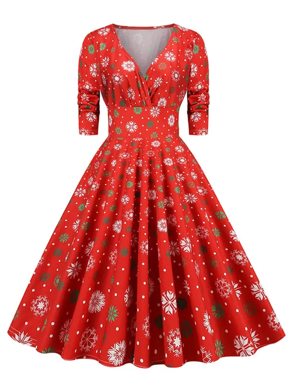 1950s Christmas V-Neck Mid-Sleeve Dress sold by Retro Stage