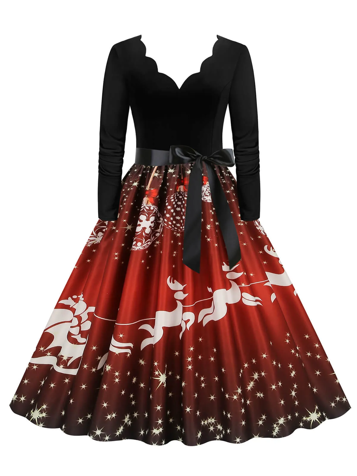 Christmas 1950s V-Neck Long Sleeve Patchwork Dress sold by Retro Stage