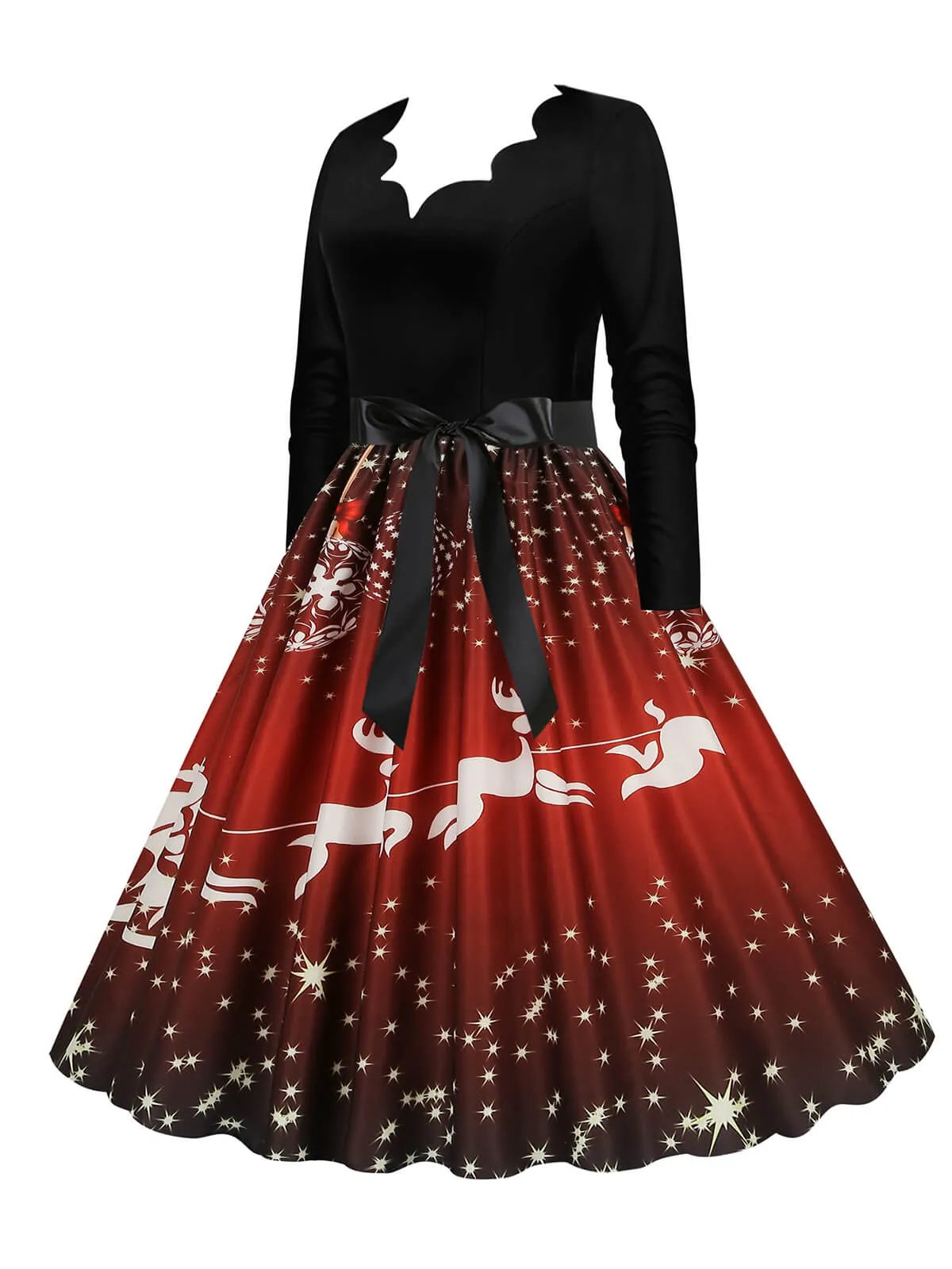 Christmas 1950s V-Neck Long Sleeve Patchwork Dress sold by Retro Stage product image thumbnail 2