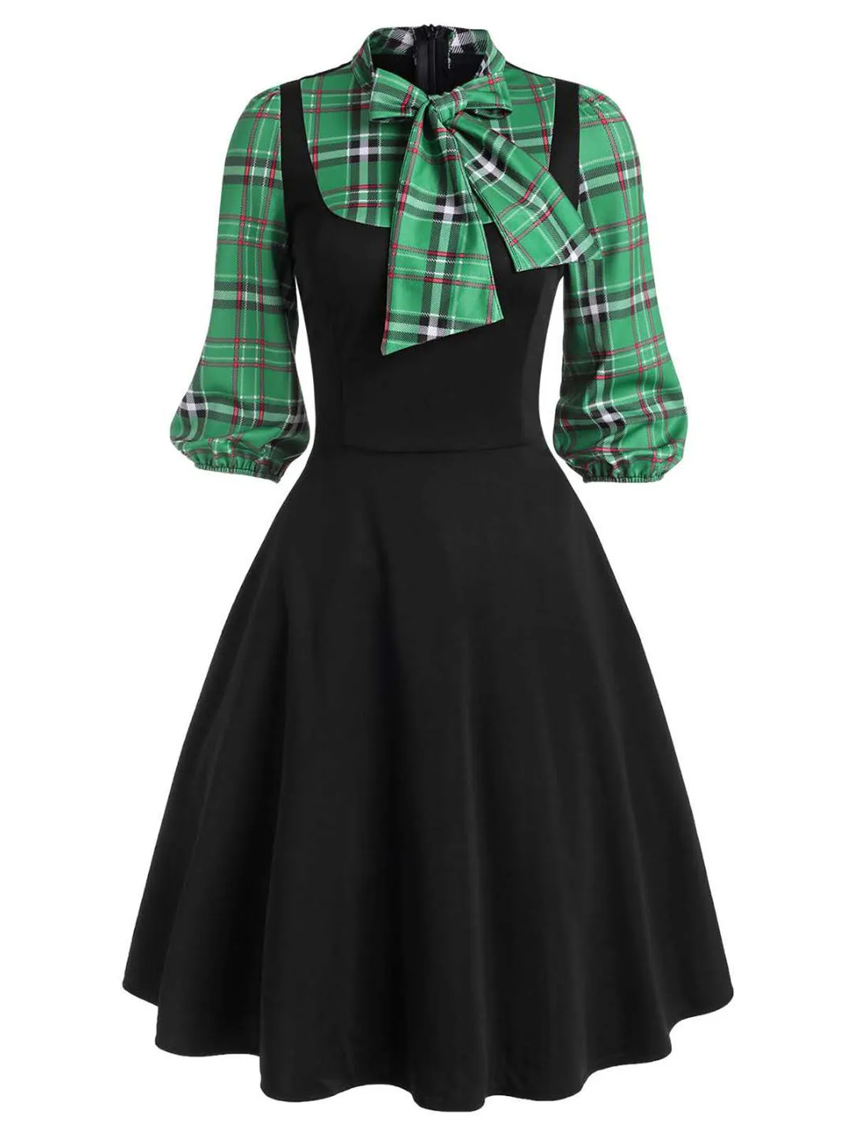 Black 1950s Plaid Patchwork Swing Dress sold by Retro Stage