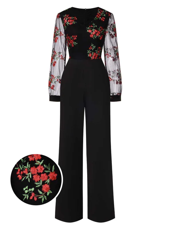 Black 1970s Embroidered Floral Jumpsuit sold by Retro Stage
