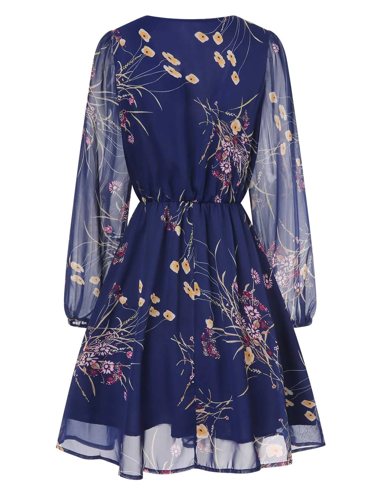 Dark Blue 1940s V-Neck Floral Puff Sleeve Dress sold by Retro Stage product image thumbnail 3