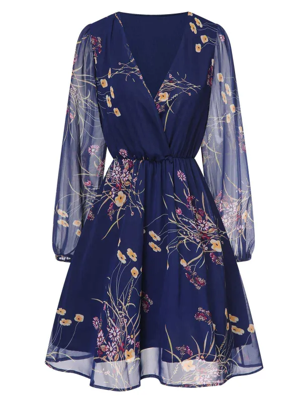Dark Blue 1940s V-Neck Floral Puff Sleeve Dress sold by Retro Stage
