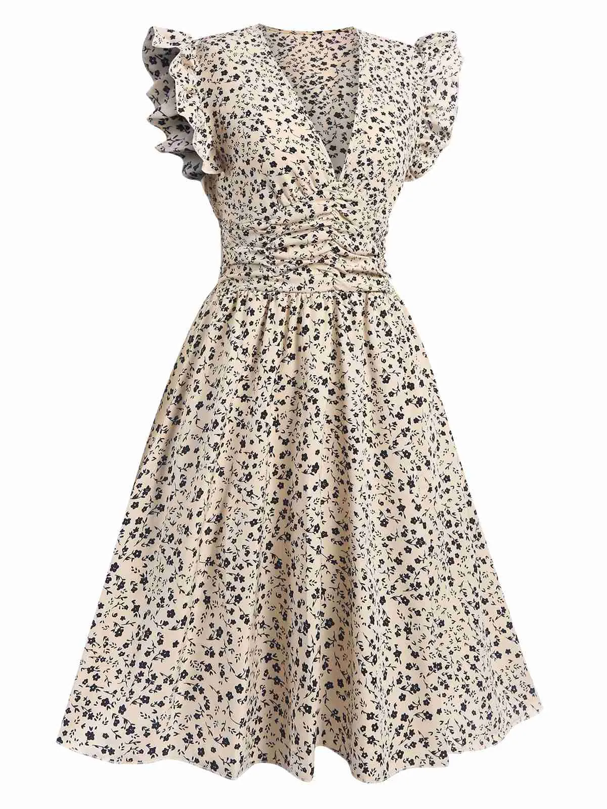 Beige 1960s V-Neck Ruffled Ditsy Floral Dress sold by Retro Stage product image thumbnail 3