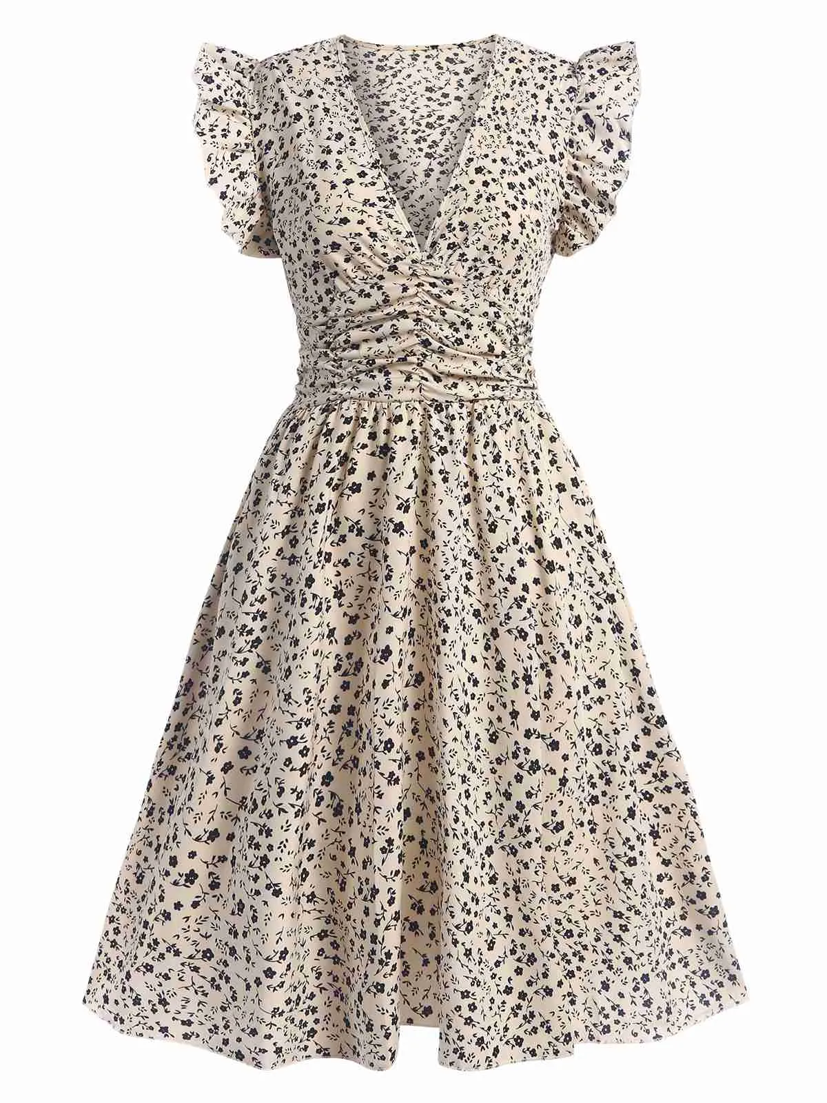Beige 1960s V-Neck Ruffled Ditsy Floral Dress sold by Retro Stage