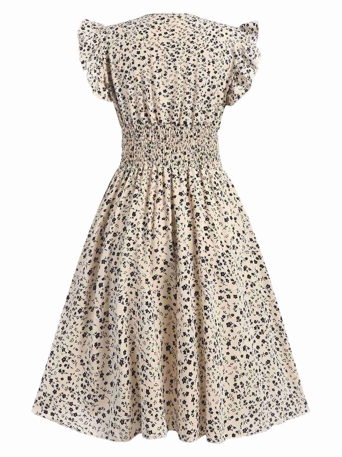Beige 1960s V-Neck Ruffled Ditsy Floral Dress sold by Retro Stage product image thumbnail 2