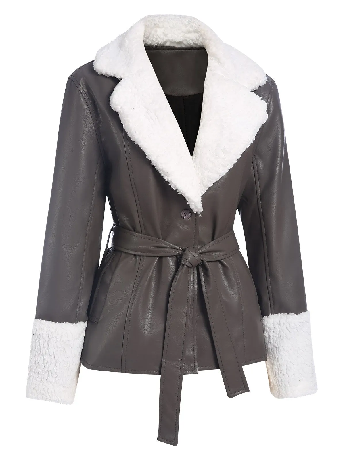Gray 1960s Solid Plush Faux Leather Belted Coat sold by Retro Stage product image thumbnail 2