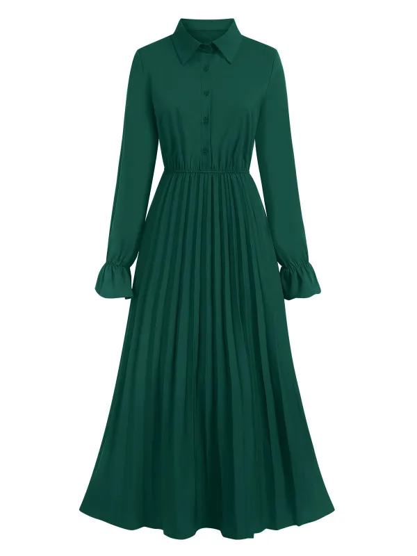 Green 1940s Solid Pleated Shirt Collar Dress sold by Retro Stage