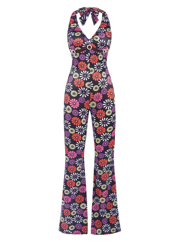 Multicolor 1970s Hippie Floral Halter Jumpsuit sold by Retro Stage