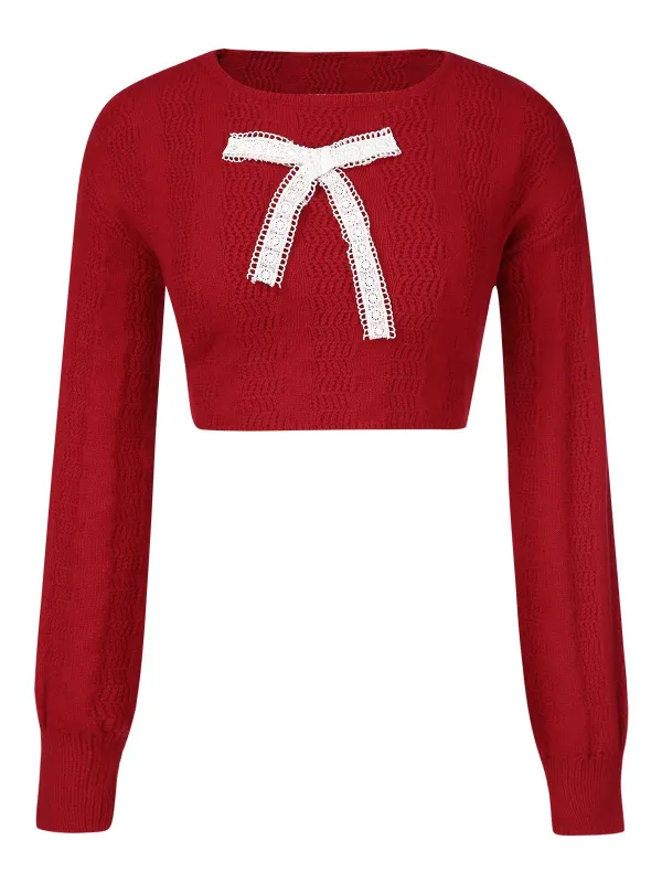 Red 1980s Christmas Bowknot Crop Sweater sold by Retro Stage