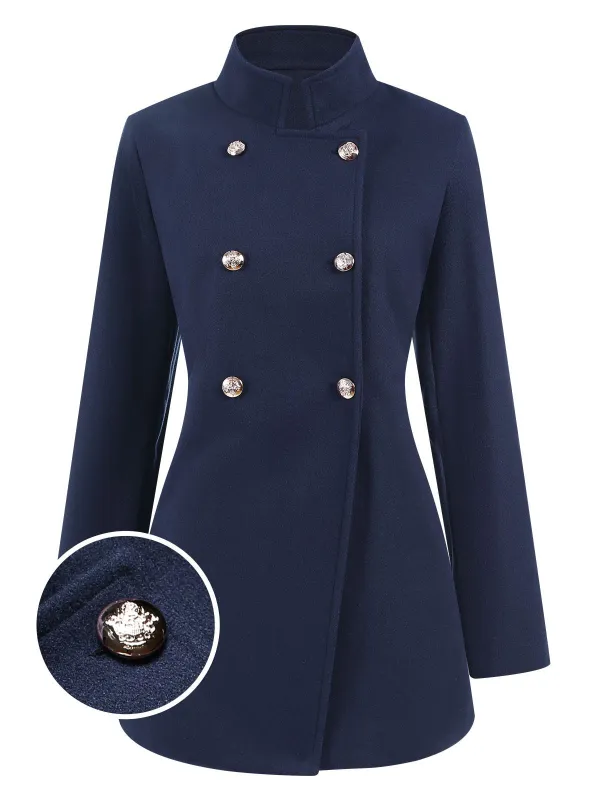 Blue 1940s Solid Stand Collar Double Breasted Coat sold by Retro Stage