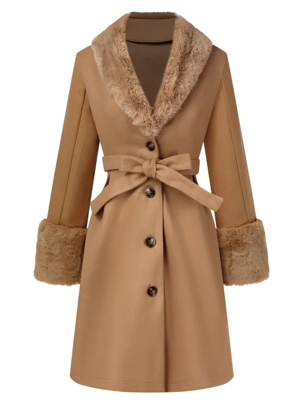 Khaki 1950s Faux Fur Collar Button Coat sold by Retro Stage