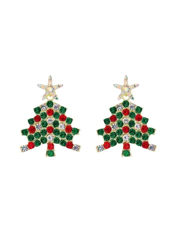 Green Christmas Tree & Star Rhinestones Earrings sold by Retro Stage