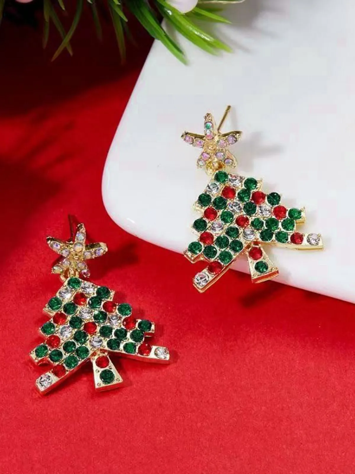 Green Christmas Tree & Star Rhinestones Earrings sold by Retro Stage product image thumbnail 3