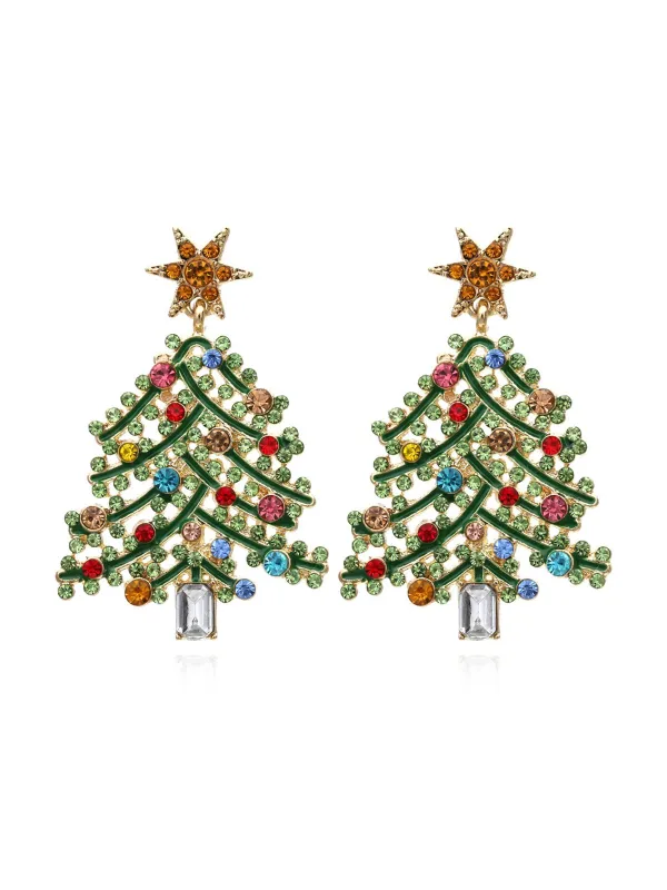 Green Christmas Tree Rhinestones Earrings sold by Retro Stage