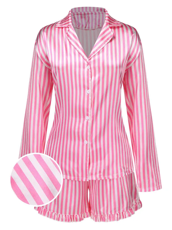 1960s Lapel Stripes Satin Pajamas Set sold by Retro Stage