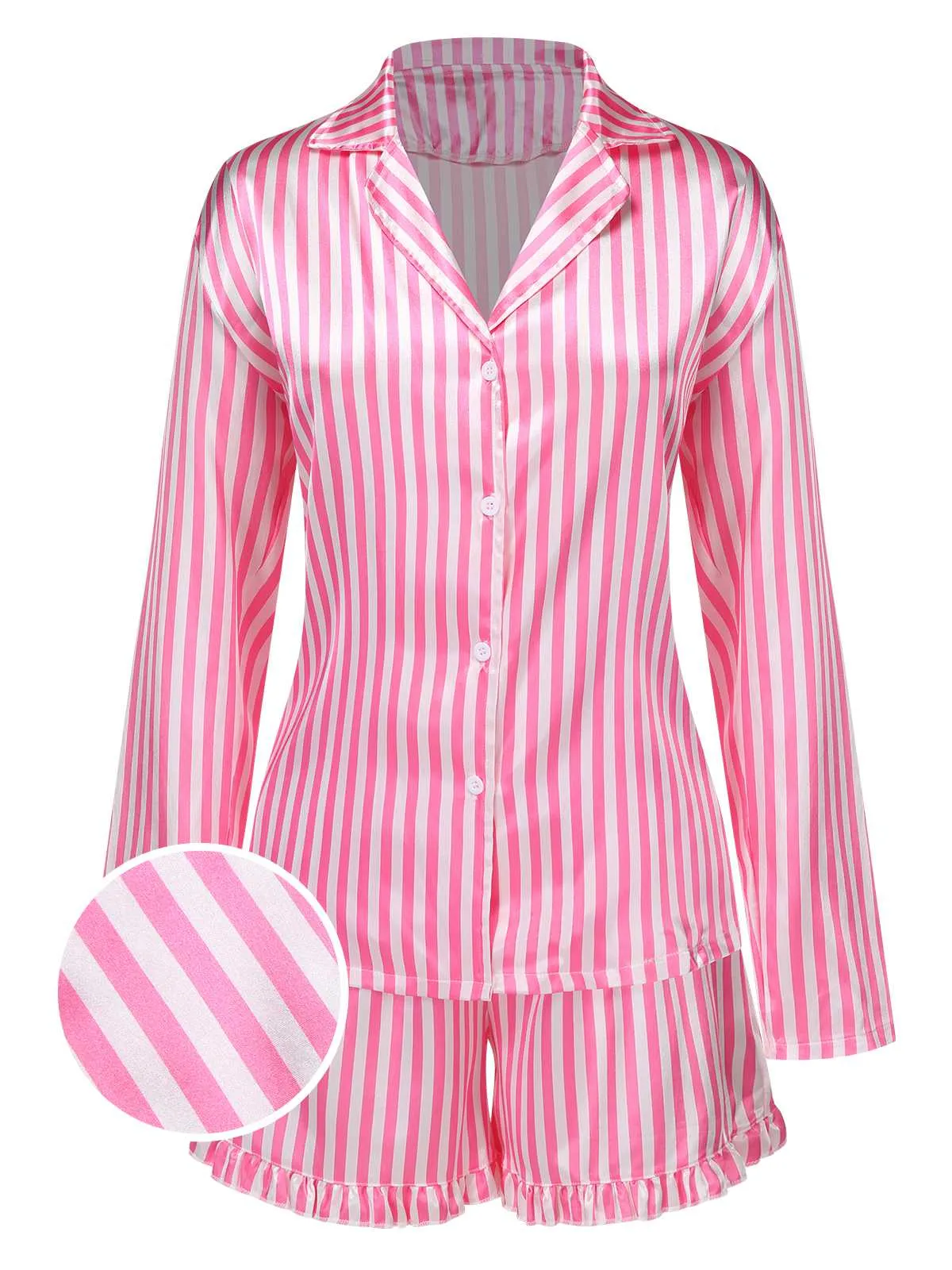 1960s Lapel Stripes Satin Pajamas Set sold by Retro Stage