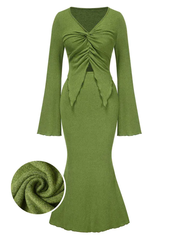 2PCS Olive Green 1930s V-Neck Top & Mermaid Skirt sold by Retro Stage