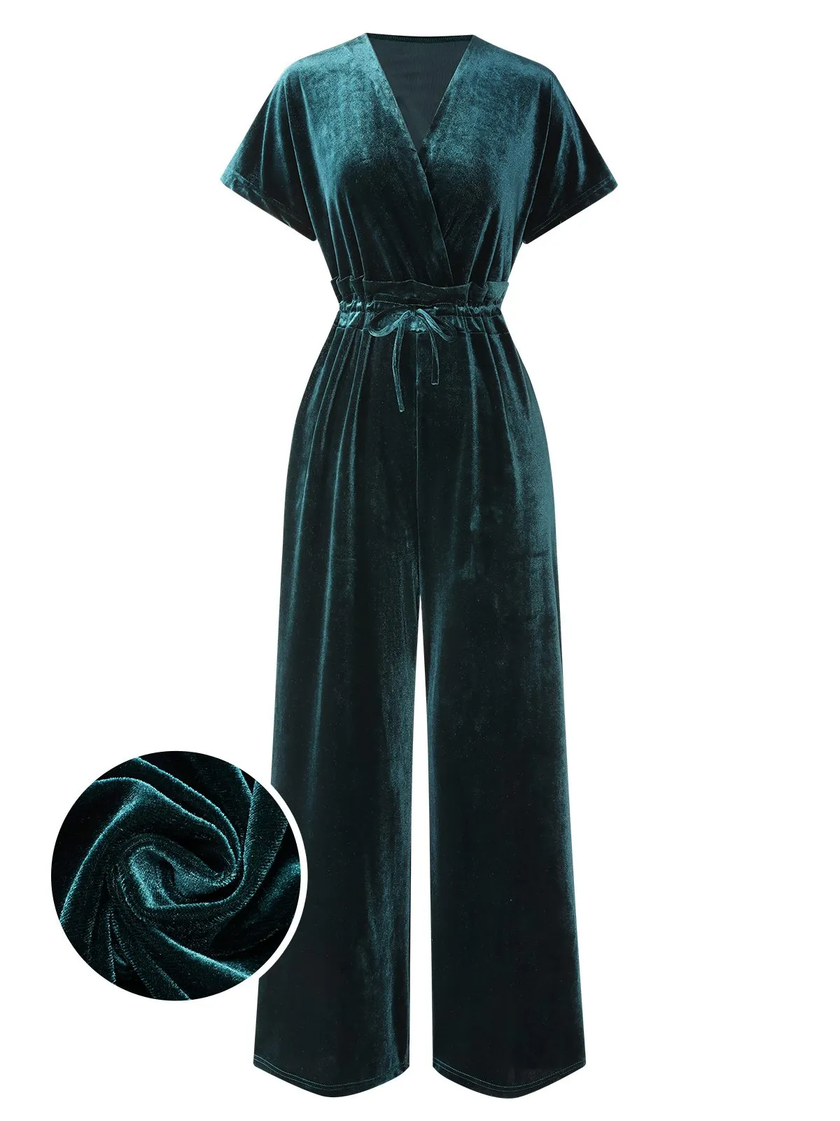 1940s Solid Waist Tie V-Neck Velvet Jumpsuit sold by Retro Stage