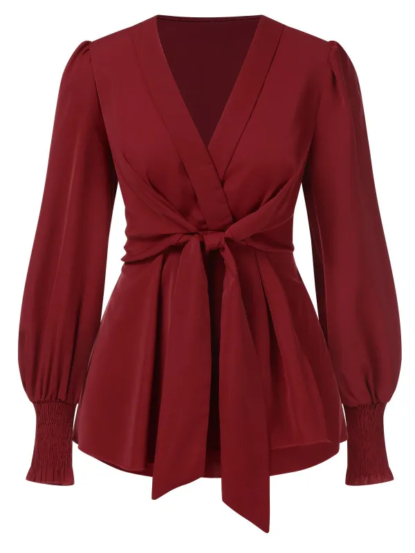 1940s Solid V-Neck Waist Tie Blouse sold by Retro Stage