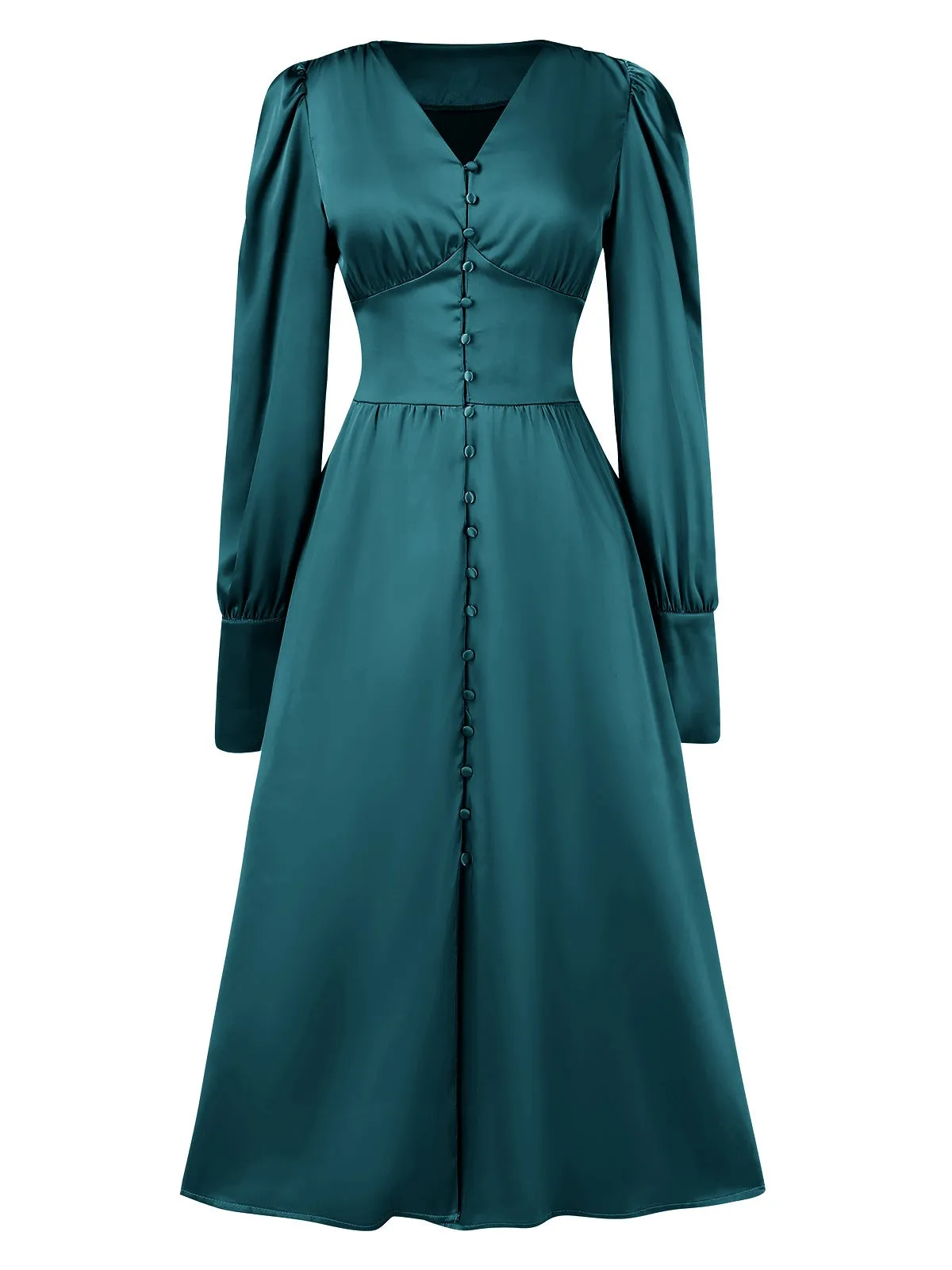 1940s Solid V-Neck Faux Satin Button Dress sold by Retro Stage