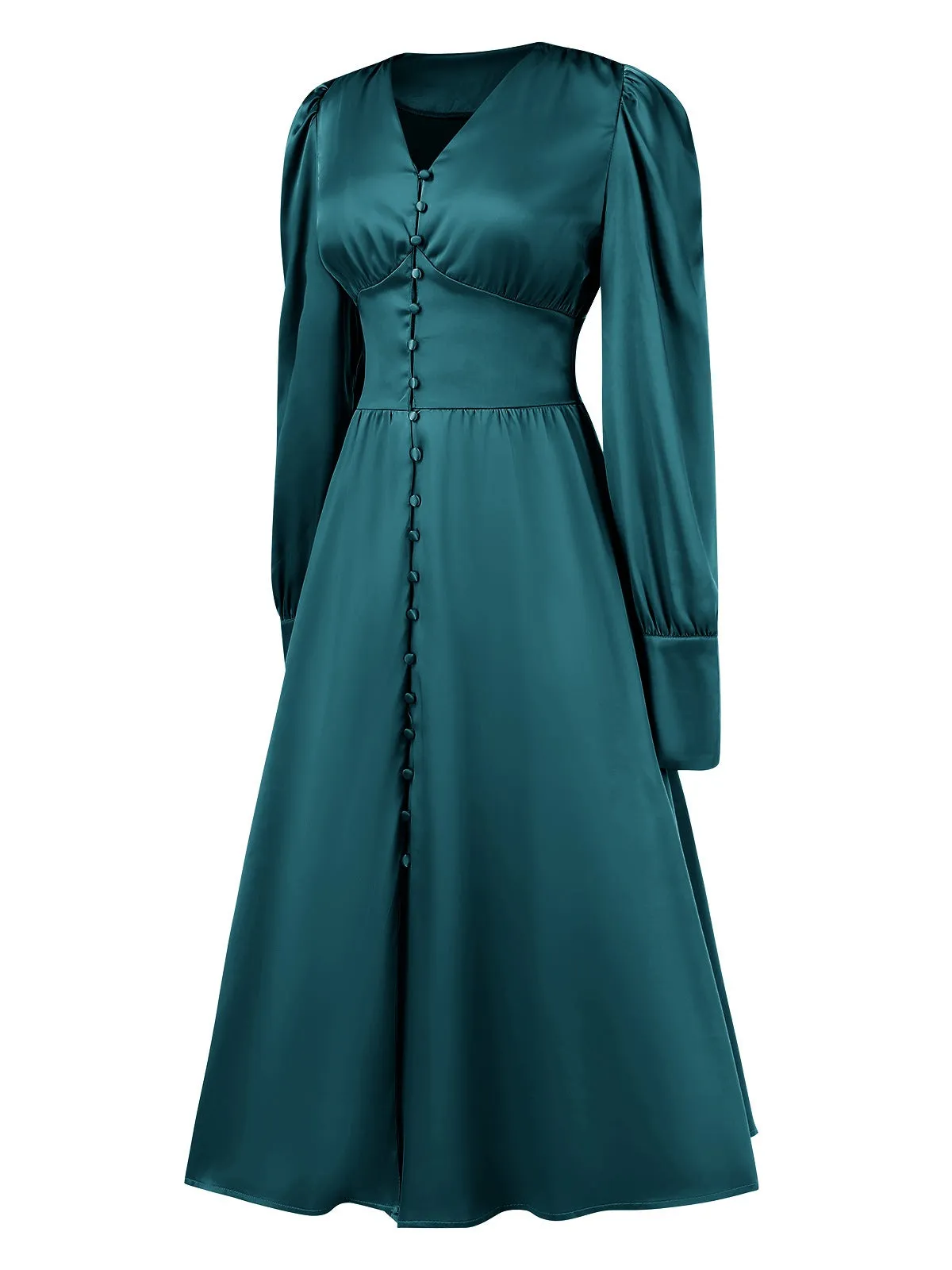 1940s Solid V-Neck Faux Satin Button Dress sold by Retro Stage product image thumbnail 3