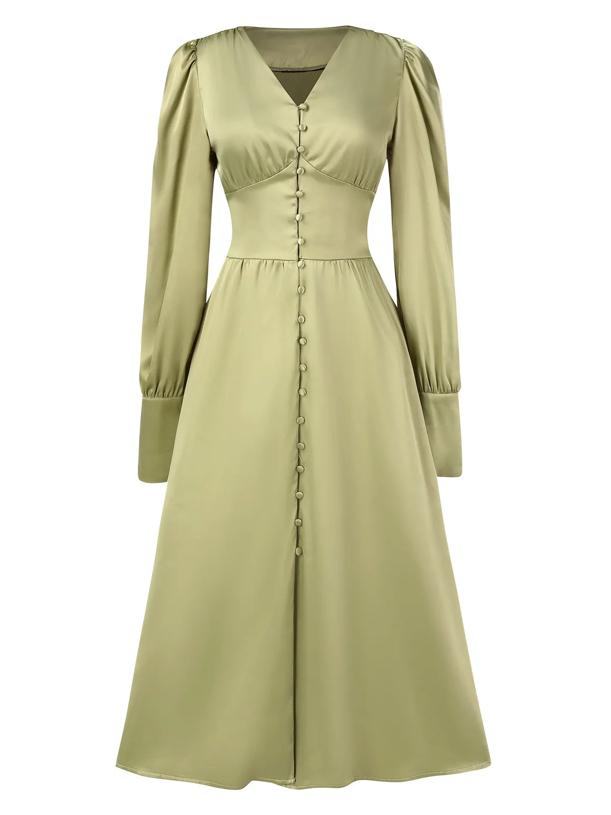 1940s Solid V-Neck Faux Satin Button Dress sold by Retro Stage product image thumbnail 5