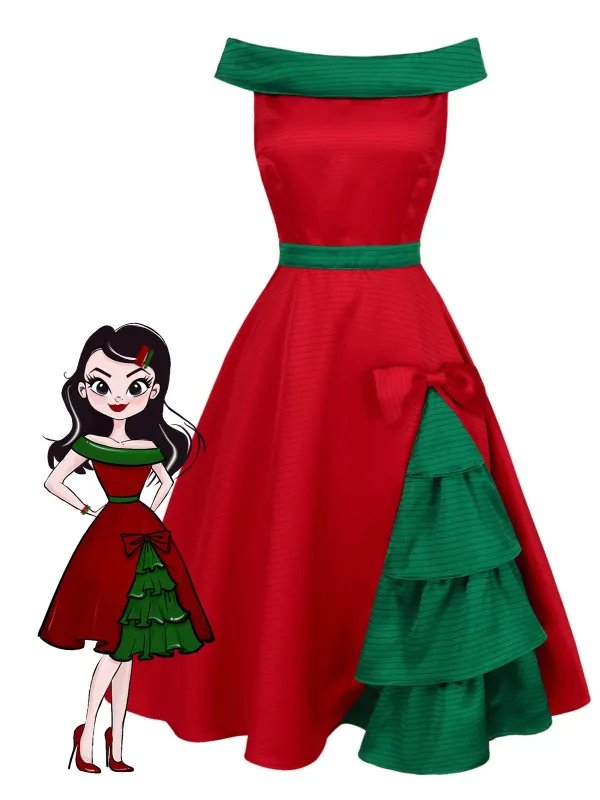 Red & Green 1950s Chrismtas Tree Off-Shoulder Dress sold by Retro Stage