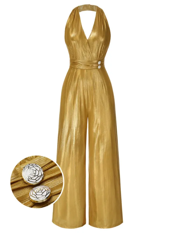 Gold 1970s Solid V-Neck Halter Jumpsuit made by Retro Stage