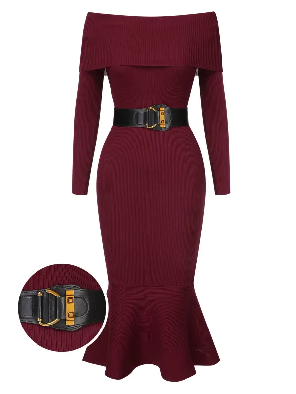 1930s Solid Off-Shoulder Knitted Fishtail Dress With Belt sold by Retro Stage