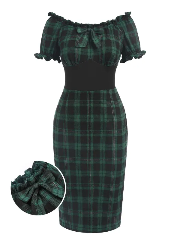 Green 1960s Off Shoulder Bow Tartan Pencil Dress sold by Retro Stage